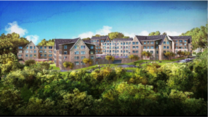 Applicant’s artist rendering of the 296-unit complex from North Border Road. The trees in the foreground will not exist, as the complex is very close to homes on all sides in Winchester. Significant grading will result in the loss all trees within and surrounding the proposed work.